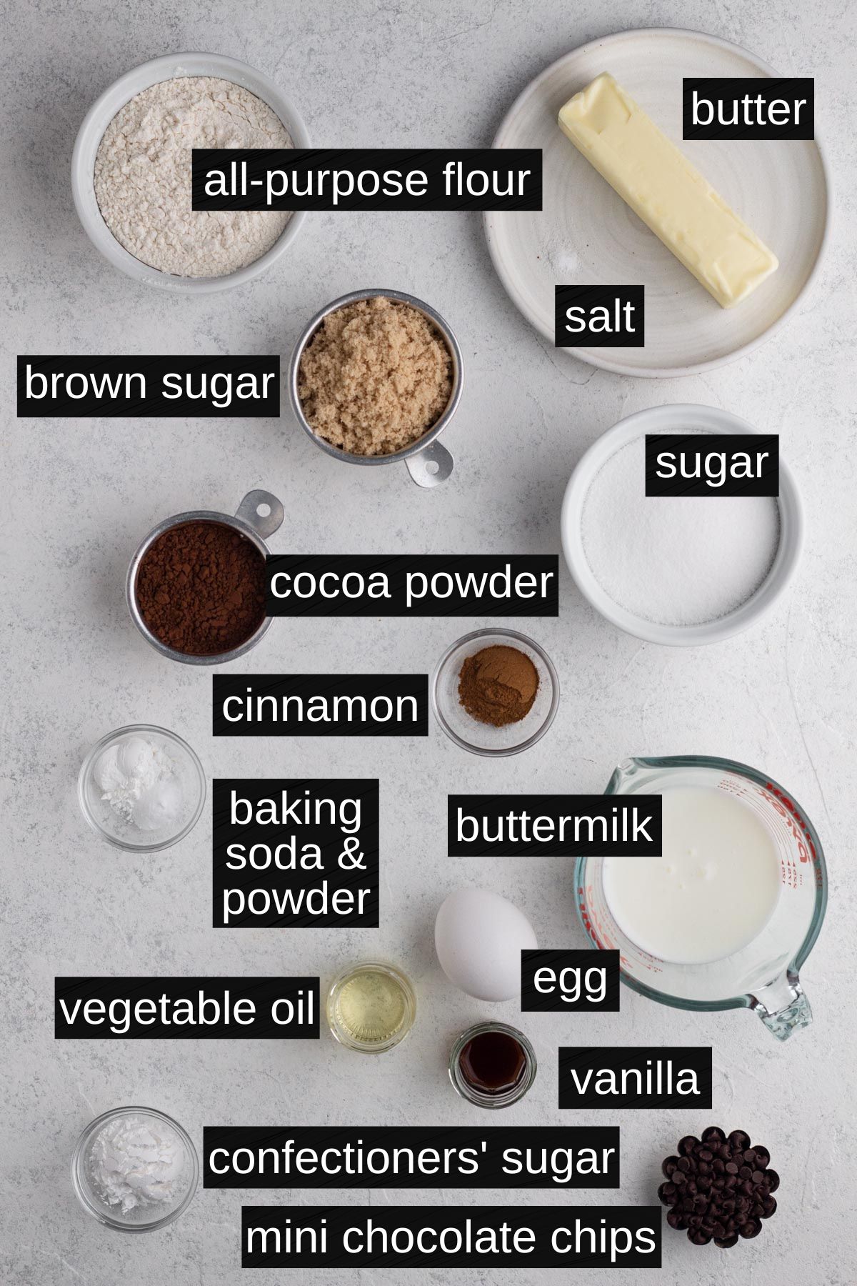 Recipe ingredients with labels on a white background.