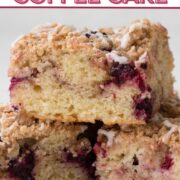 Stacked slices of coffee cake swirled with blackberries with a text overlay.