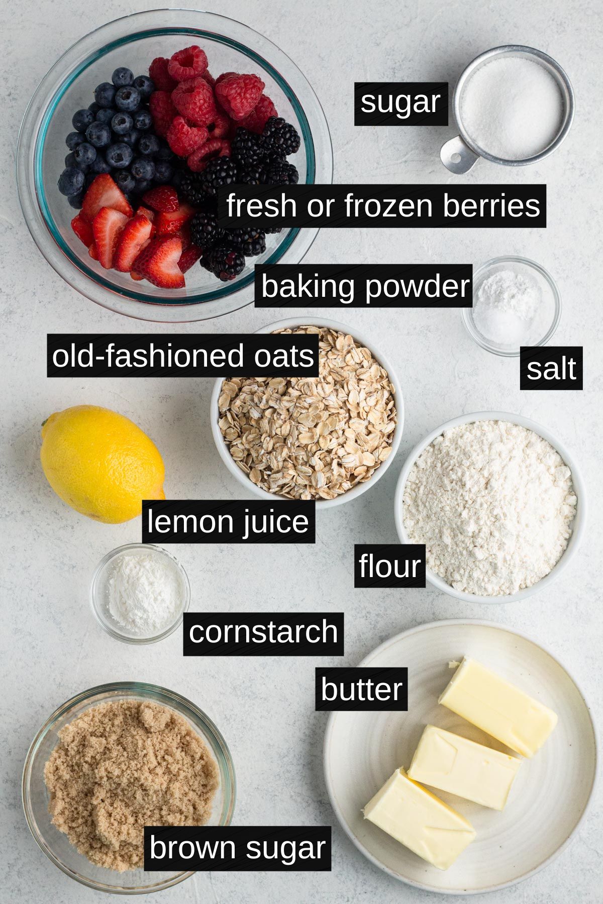Recipe ingredients with labels on a white surface.