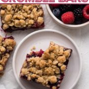 A bitten, fruit-filled bar topped with crumble with a text overlay.
