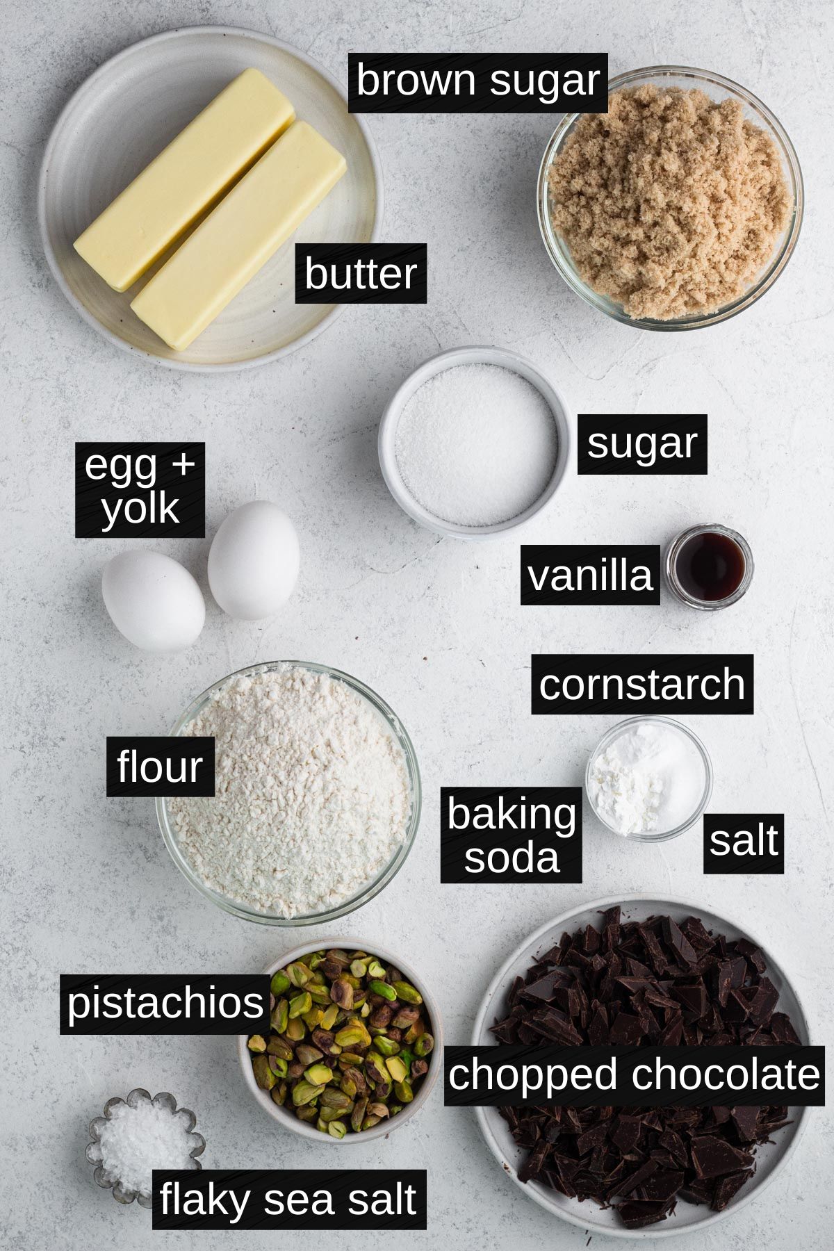 Recipe ingredients with labels on a white background.