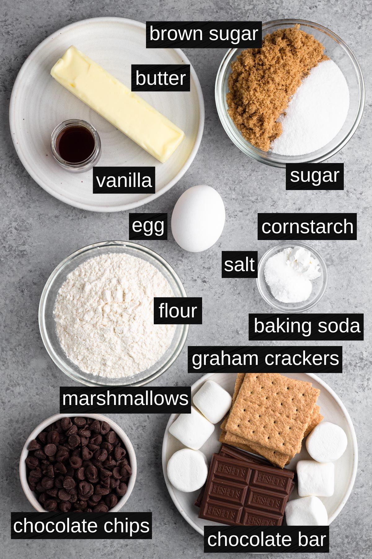 Recipe ingredients with labels on a gray background.