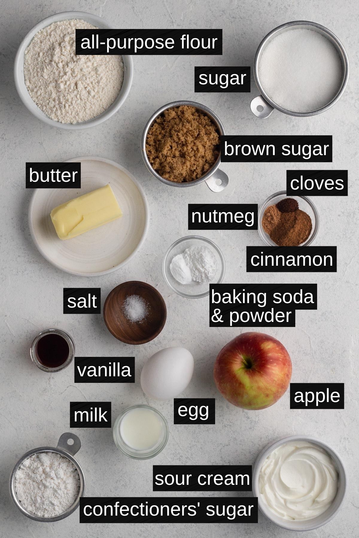Recipe ingredients with labels on a white background.