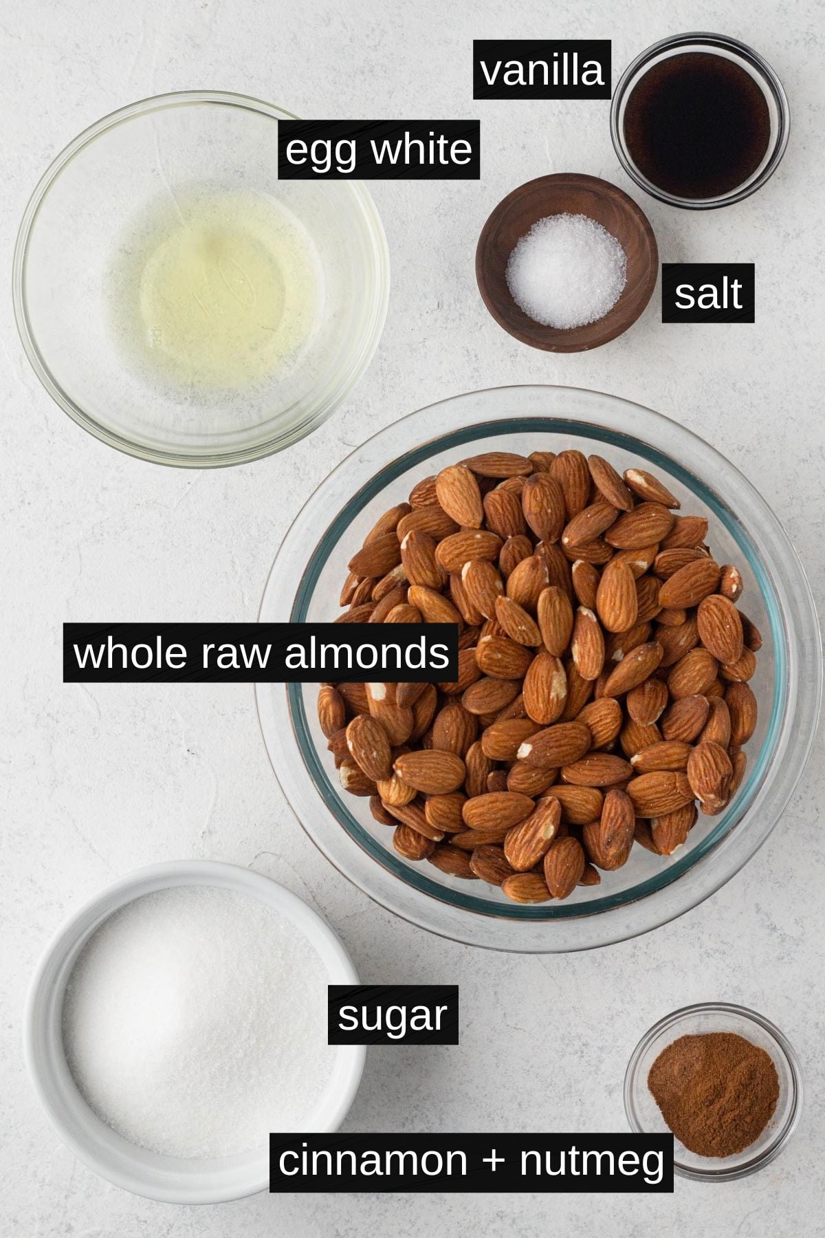 Recipe ingredients with labels on a white background.