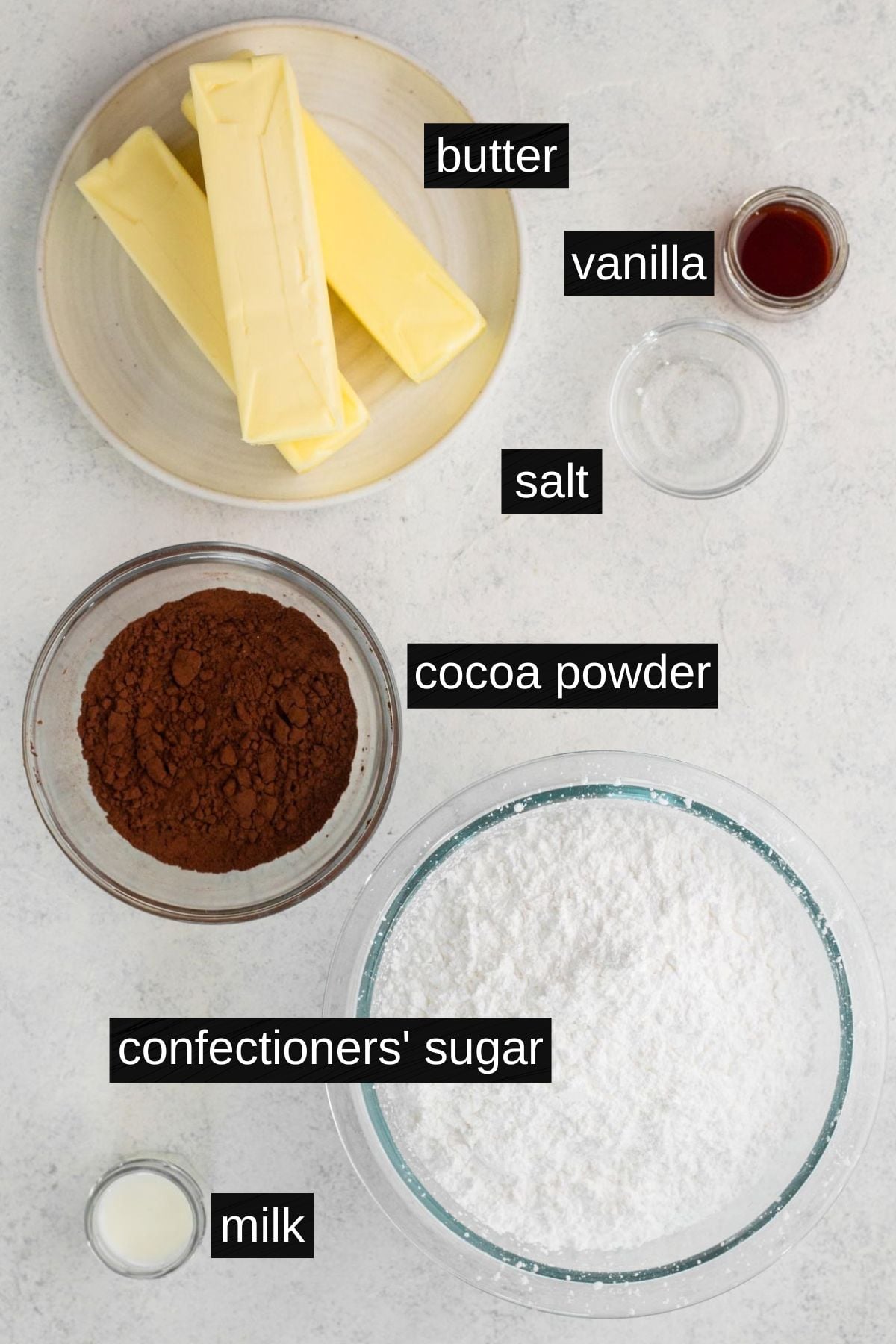 Recipe ingredients with labels on a white background.