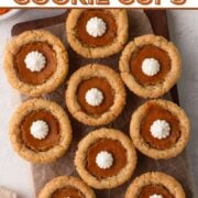 Pumpkin pie cookies on a wooden cutting board with a text overlay.