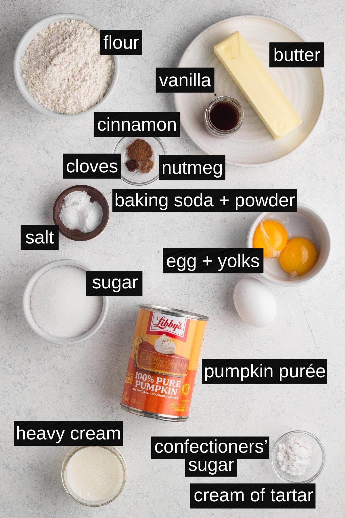 Recipe ingredients with labels on a white background.