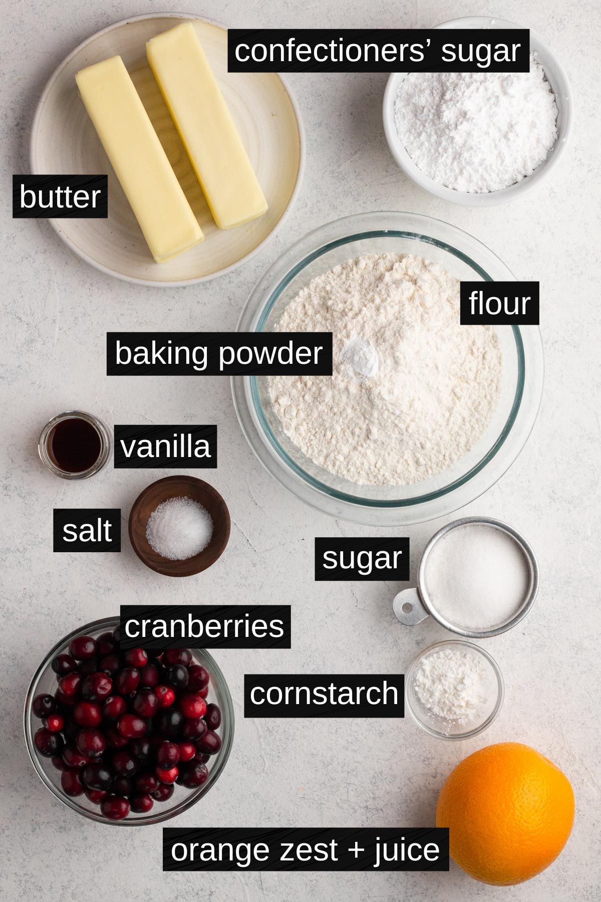 Recipe ingredients with labels on a white background.