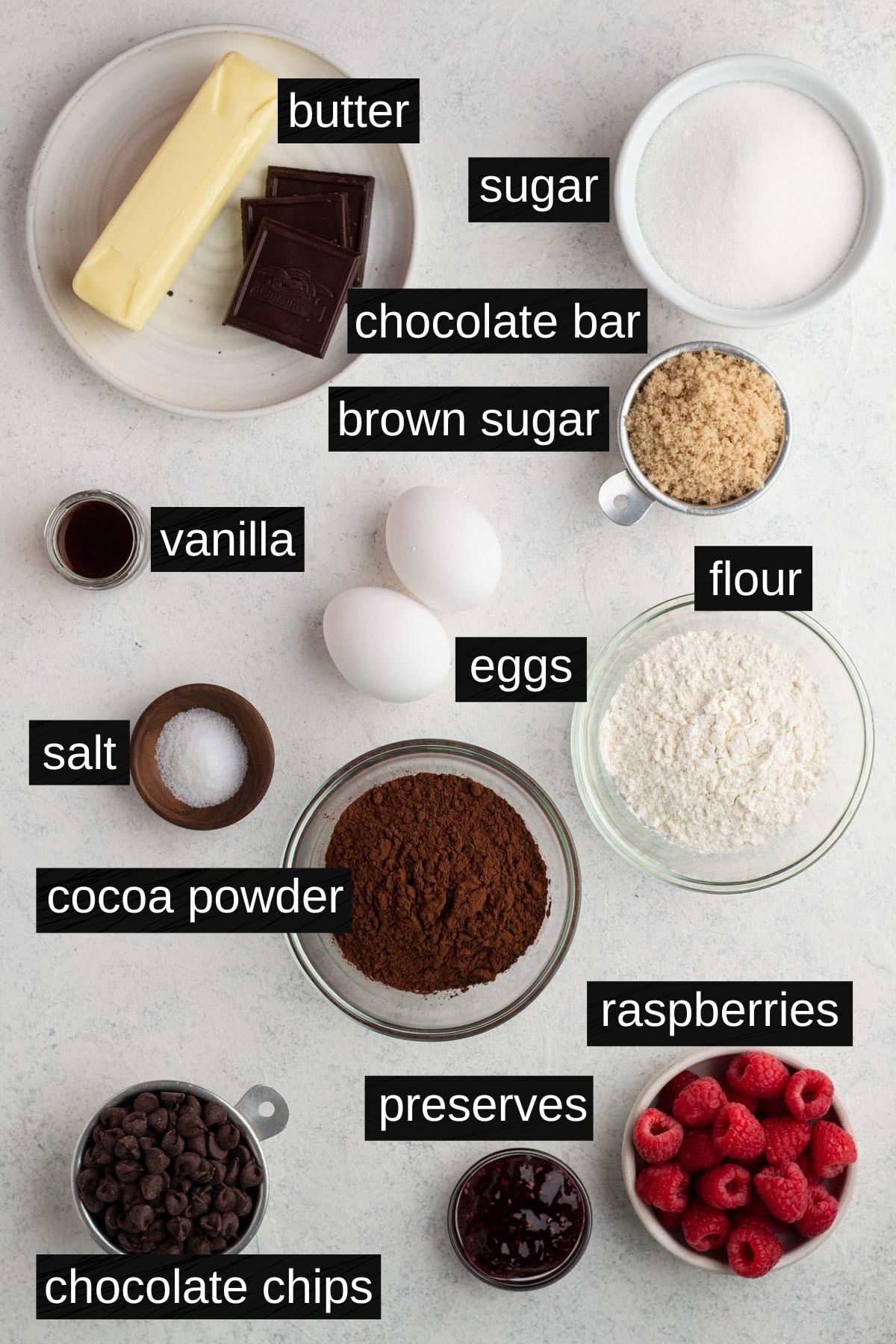 Recipe ingredients with labels on a white background.
